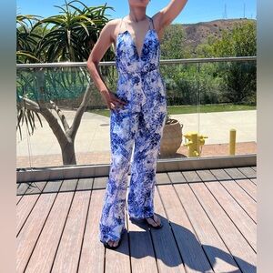 Blue and White Floral Jumpsuit with Wide-Leg Design